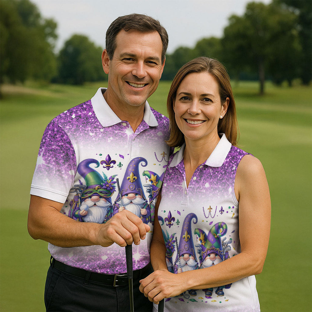 Mardi Gras Gnomes Fleur De Lis Glitter Effect Golf Tops For Men, Polo Shirts For Men, Golf Shirts For Men