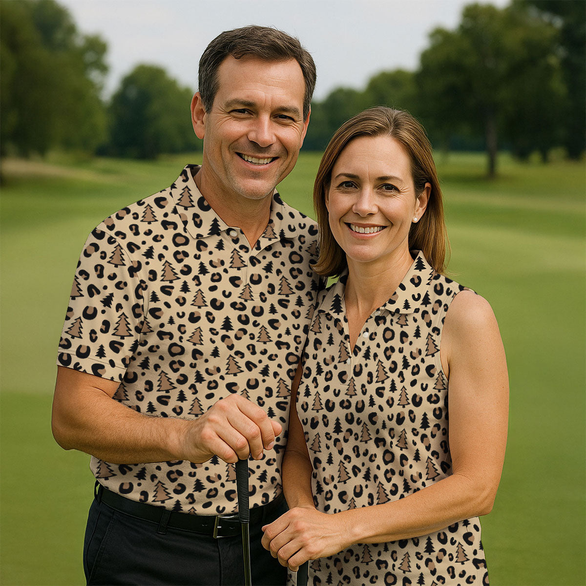 Xmas Pine Tree Leopard Pattern Brown Golf Shirt, Christmas Golf Shirt, Cute Golf Outfit, Polo Shirts For Men