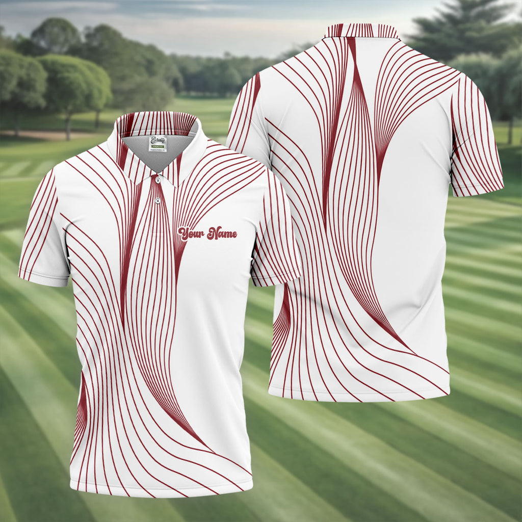 Geometric Line Wavy Line Red And White Custom Name Golf Shirts For Men, Men's Golf Shirt, Polo Shirts For Men