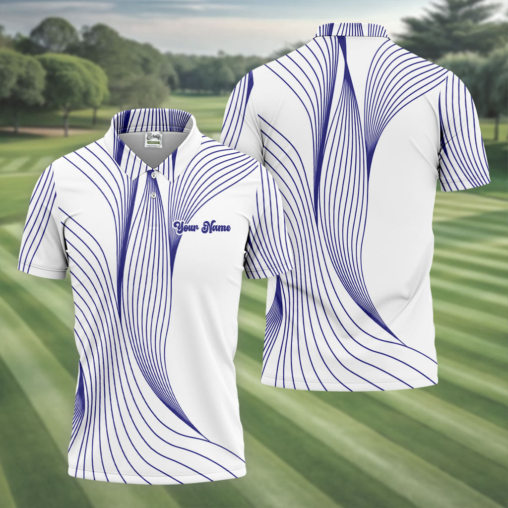 Geometric Line Wavy Line Purple And White Custom Name Golf Shirts For Men, Men's Golf Shirt, Polo Shirts For Men