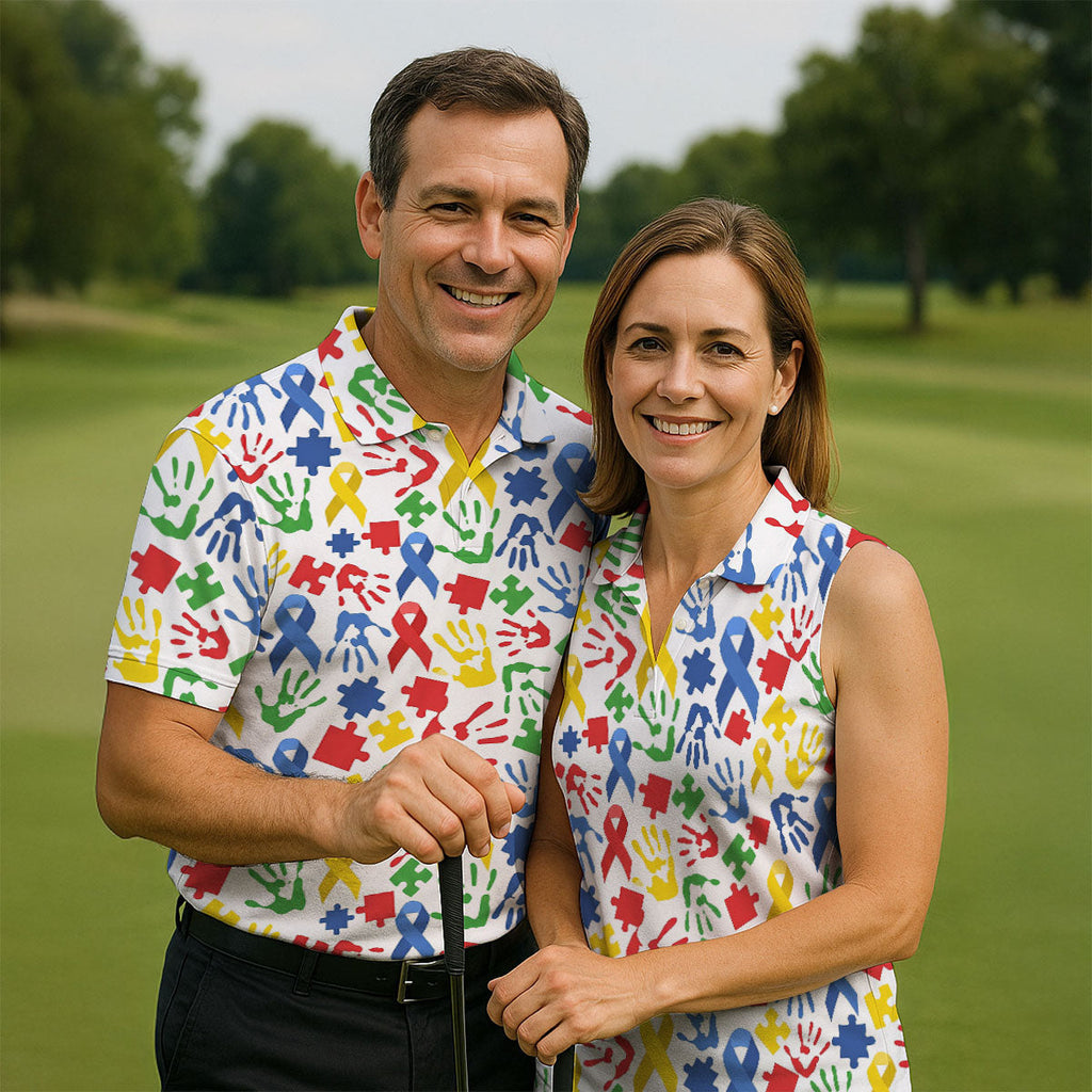 Autism Ribbon Colorful Puzzle Pieces Handprints Golf Tops For Men, Polo Shirts For Men, Golf Shirts For Men