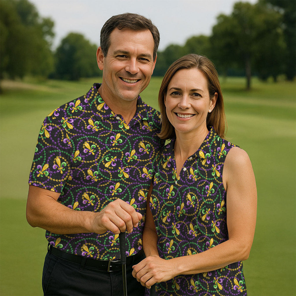 Mardi Gras Beads Purple Green Gold Fleur De Lis Golf Tops For Men, Golf Shirts For Men, Polo ShirtFor Men