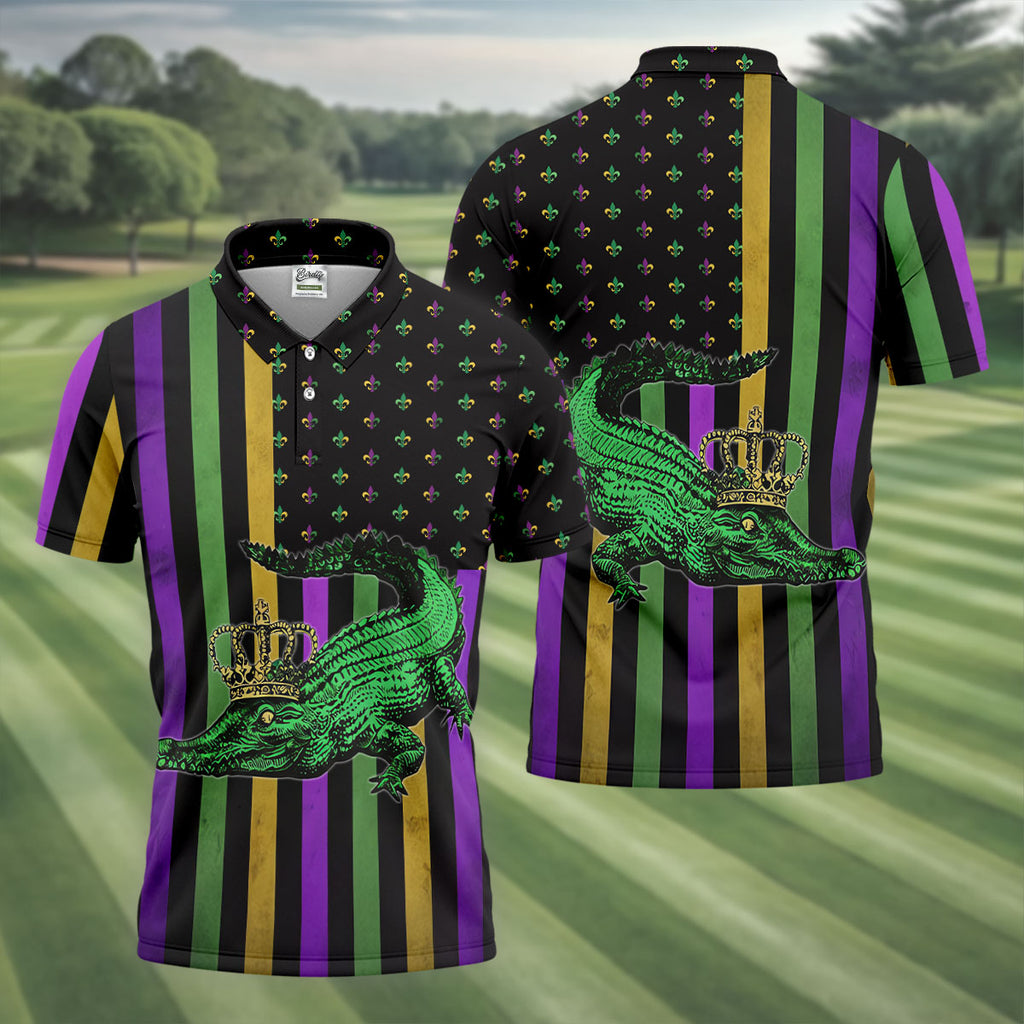 Mardi Gras Aligator Purple Green Gold Vertical Stripes Fleur De Lis Golf Tops For Men, Polo Shirts For Men