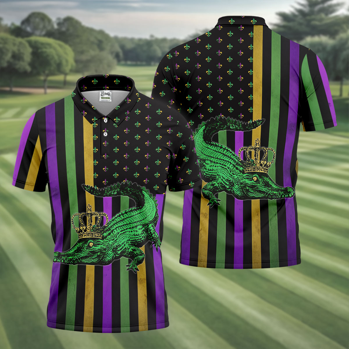 Mardi Gras Aligator Purple Green Gold Vertical Stripes Fleur De Lis Golf Tops For Men, Polo Shirts For Men