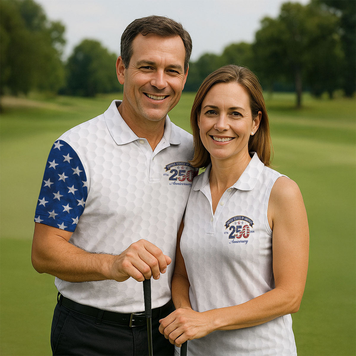 250th Anniversary Golf Ball Pattern White Golf Shirt, Patriotic 4th Of July Golf Shirt, Golf Shirts For Men