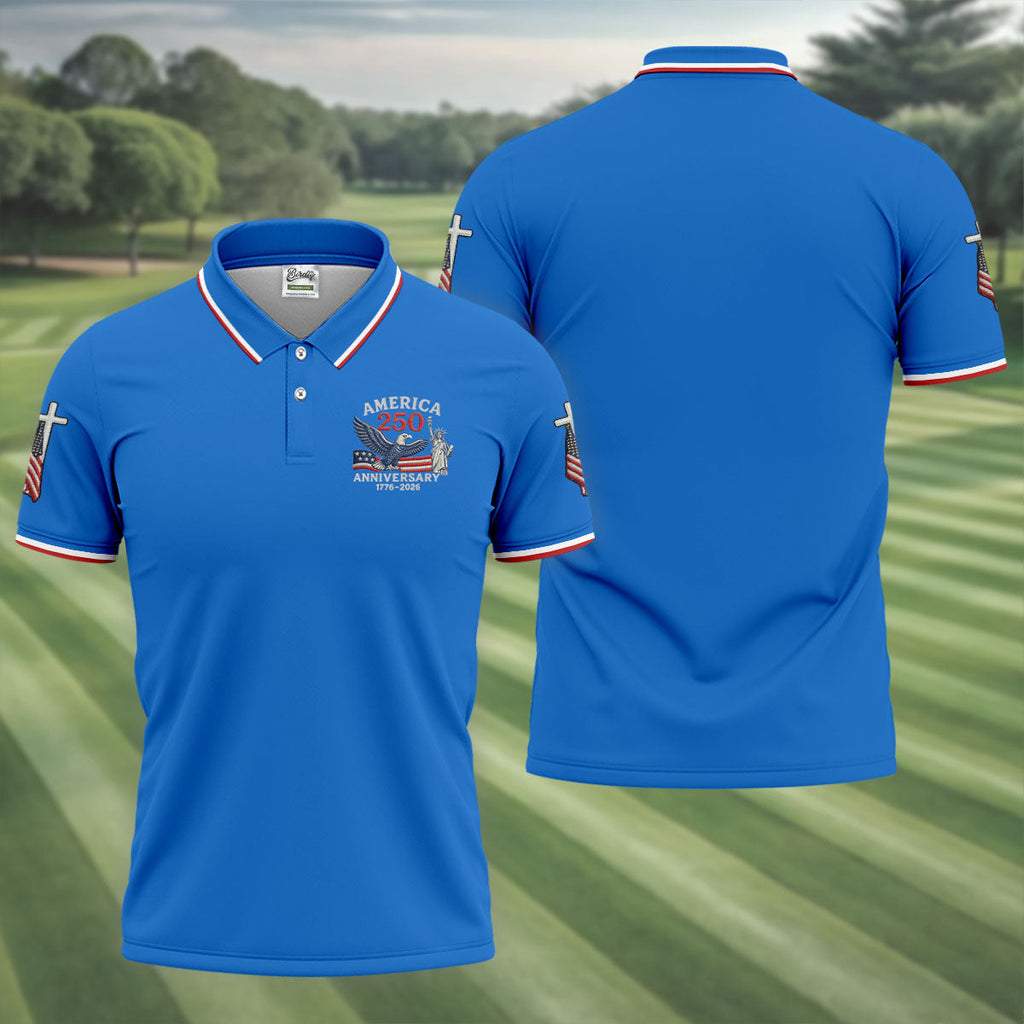 Faith Cross Bald Eagle America 250 Anniversary Blue Patriotic Golf Shirt, Golf Shirts For Men