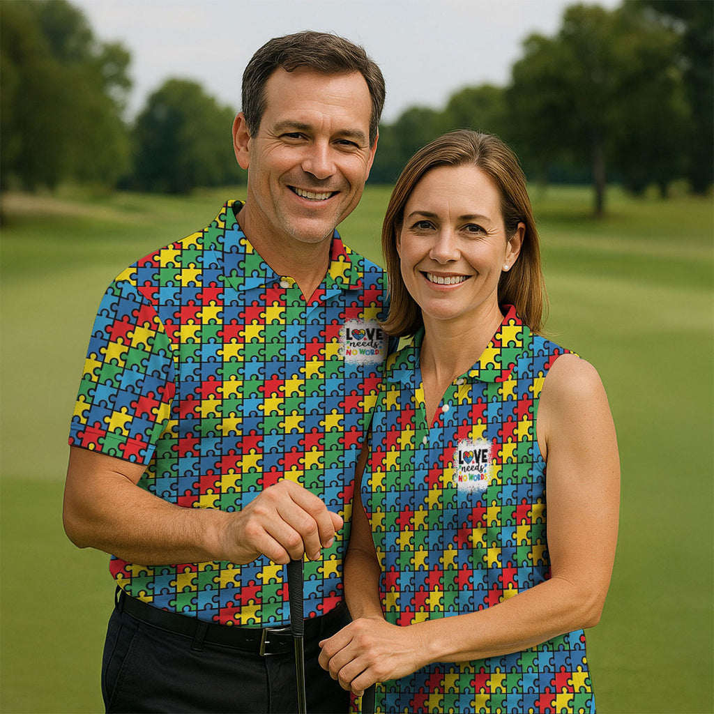 Love Needs No Words Autism Awareness Jigsaw Puzzle Pieces Men's Golf Shirt, Polo Shirts For Men