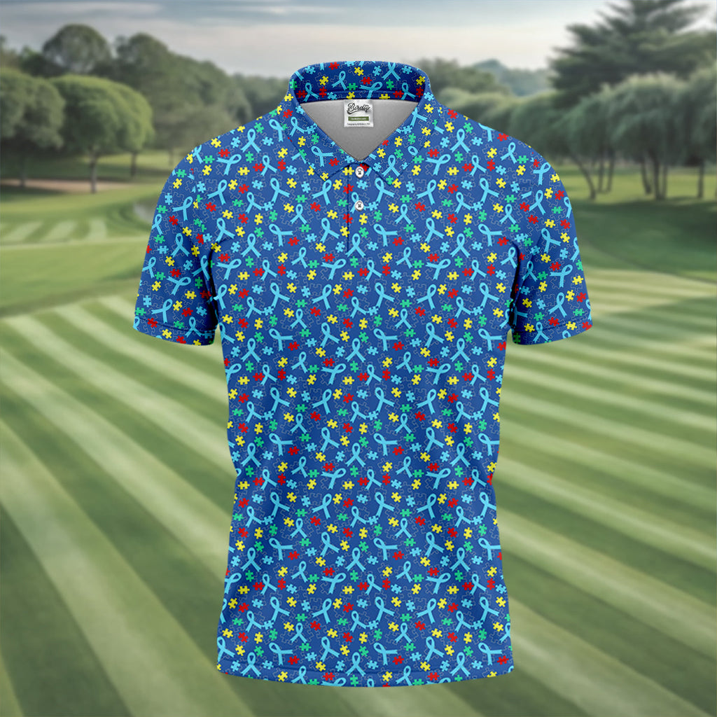 Autism Awareness Ribbon And Colorful Puzzles Blue Golf Shirt, Golf Shirts For Men, Polo Shirts For Men