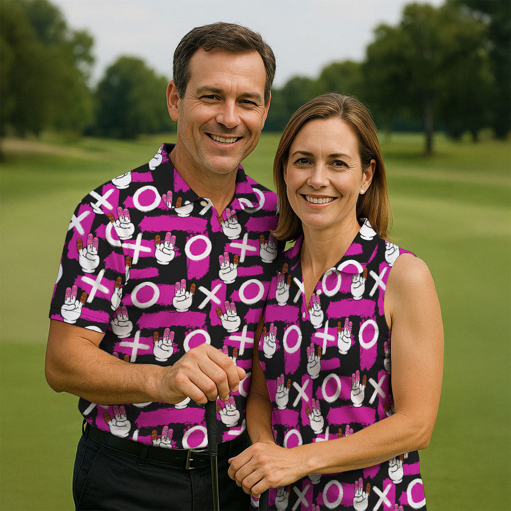 Chocolate Fingers Adult Humor XOXO Black Purple Fun Golf Shirts For Men, Valentines Golf Gift, Polo Shirts For Men