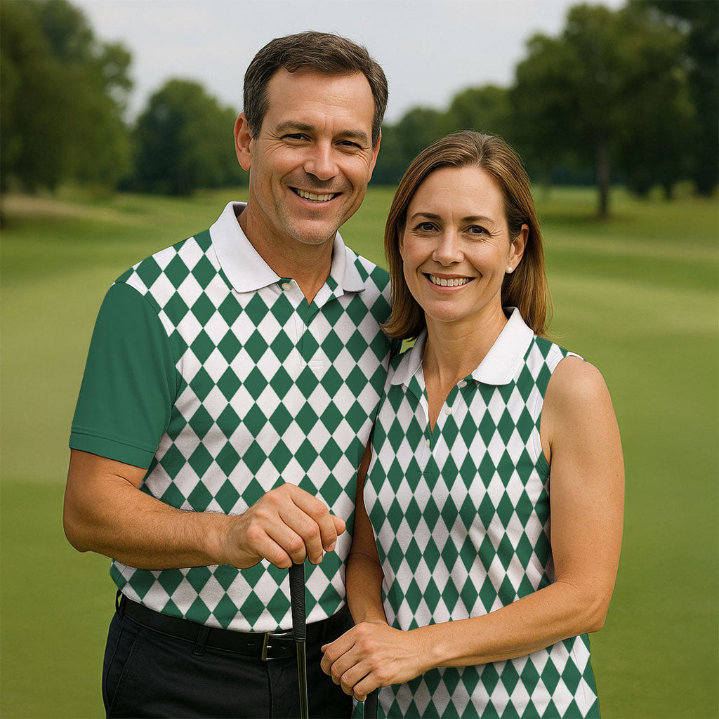 Green And White Argyle Pattern Retro Golf Shirt, Golf Tops For Men, Golf Shirts For Men, Polo For Men