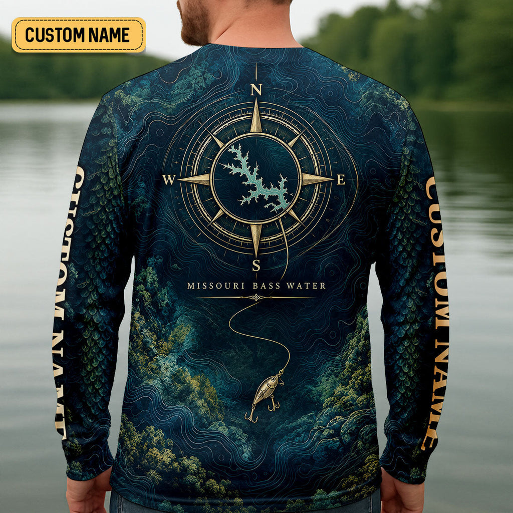Custom Lake Of The Ozarks Bass Map UPF Shirt, Long Sleeve Fishing Shirt, Mens Fishing Tee