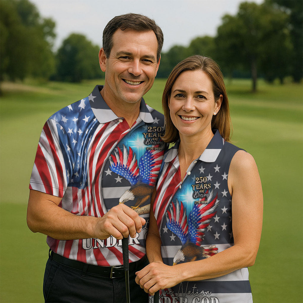 One Nation Under God 250 Years Of Blessing Golf Tops For Men, Patriotic Father's Day Golf Shirt