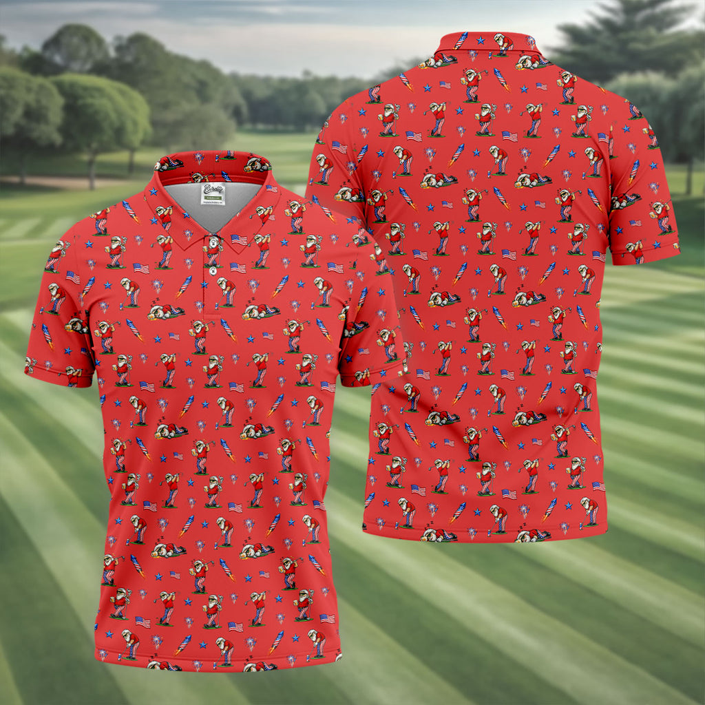 4th Of July Funny Man Golf And Beer Red Golf Shirt, Patriotic Golf Shirt, 250th Anniversary Golf Shirts For Men