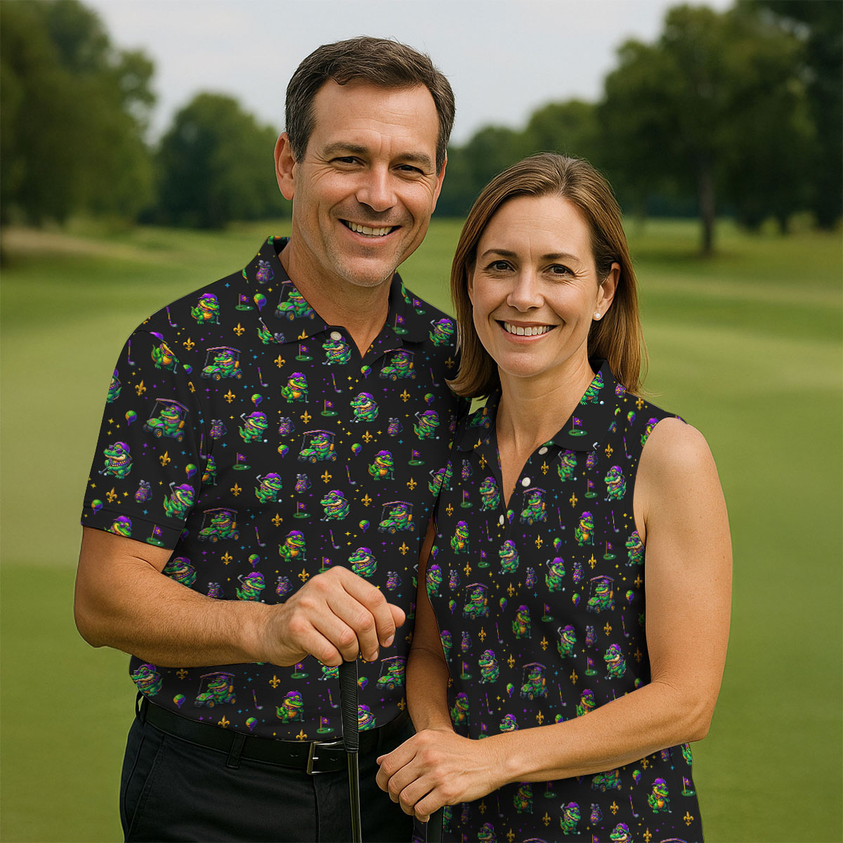 Funny Crocodile Mardi Gras Golf Shirts, Black Golf Shirt, Golf Gift For Men, Golf Shirts For Men