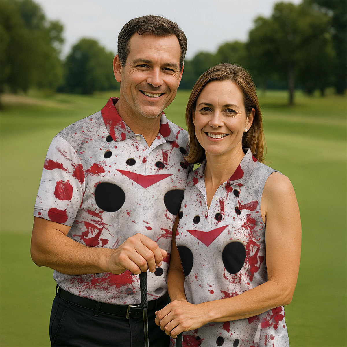 Creepy Mask Face Golf Tops For Men, Horror Character Cosplay Polo Shirts For Men, Halloween Golf Shirt