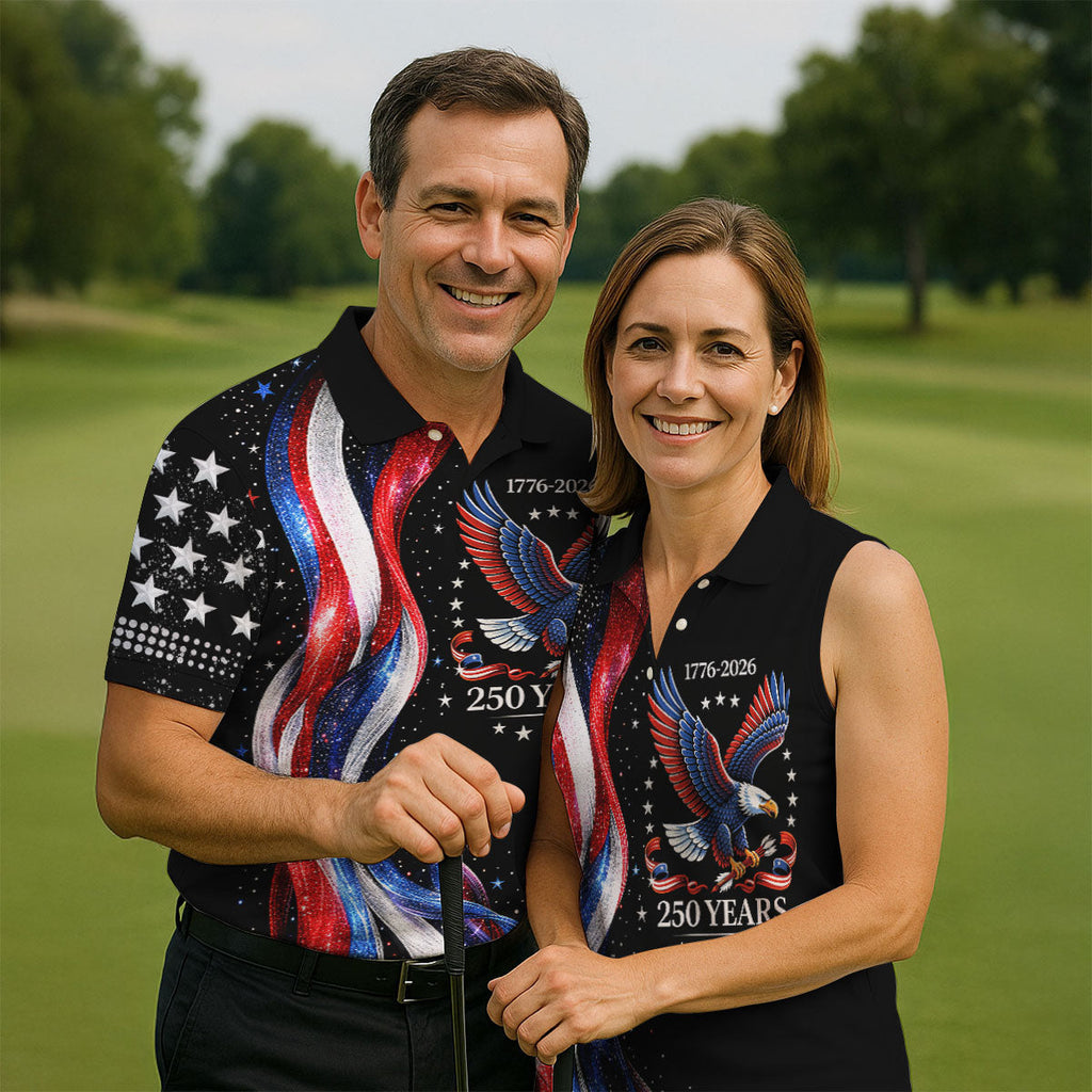 America Bald Eagle Red And White Striped Ribbon 4th Of July Golf Shirt, 250th Anniversary Golf Shirts For Men