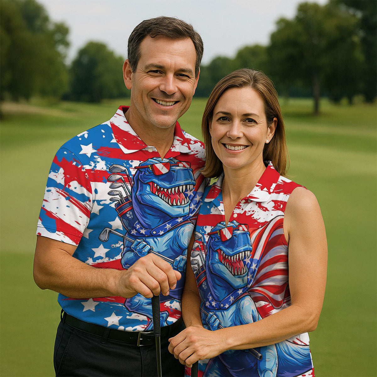 Funny Dinosaur USA Flag Print 250 Years Anniversary Golf Tops For Men, 4th Of July Patriotic Golf Shirt