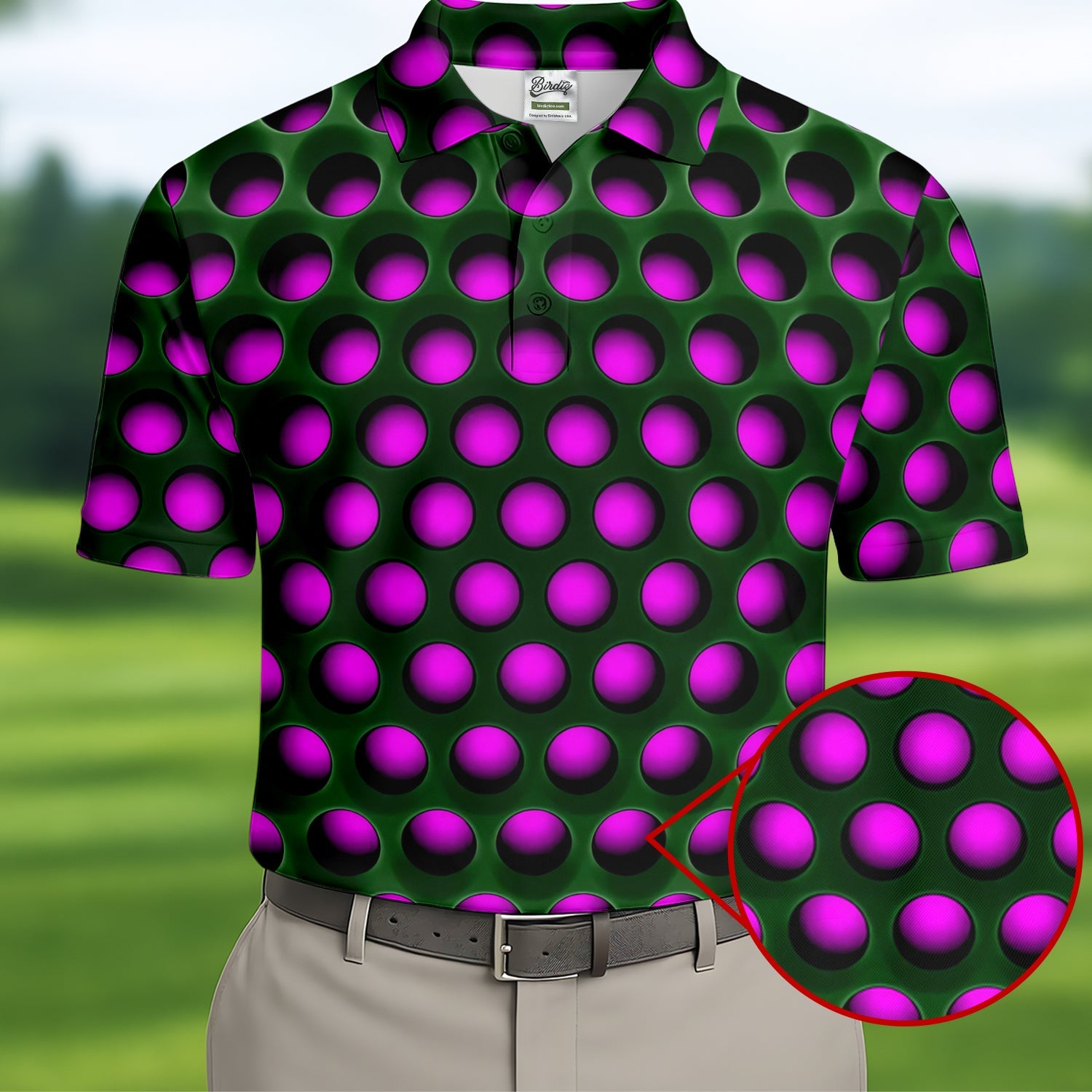 3D Effect Circular Pattern Purple Golf Shirt, Cool Golf Outfit, Men's Funny Golf Shirts, Polo Shirts For Men
