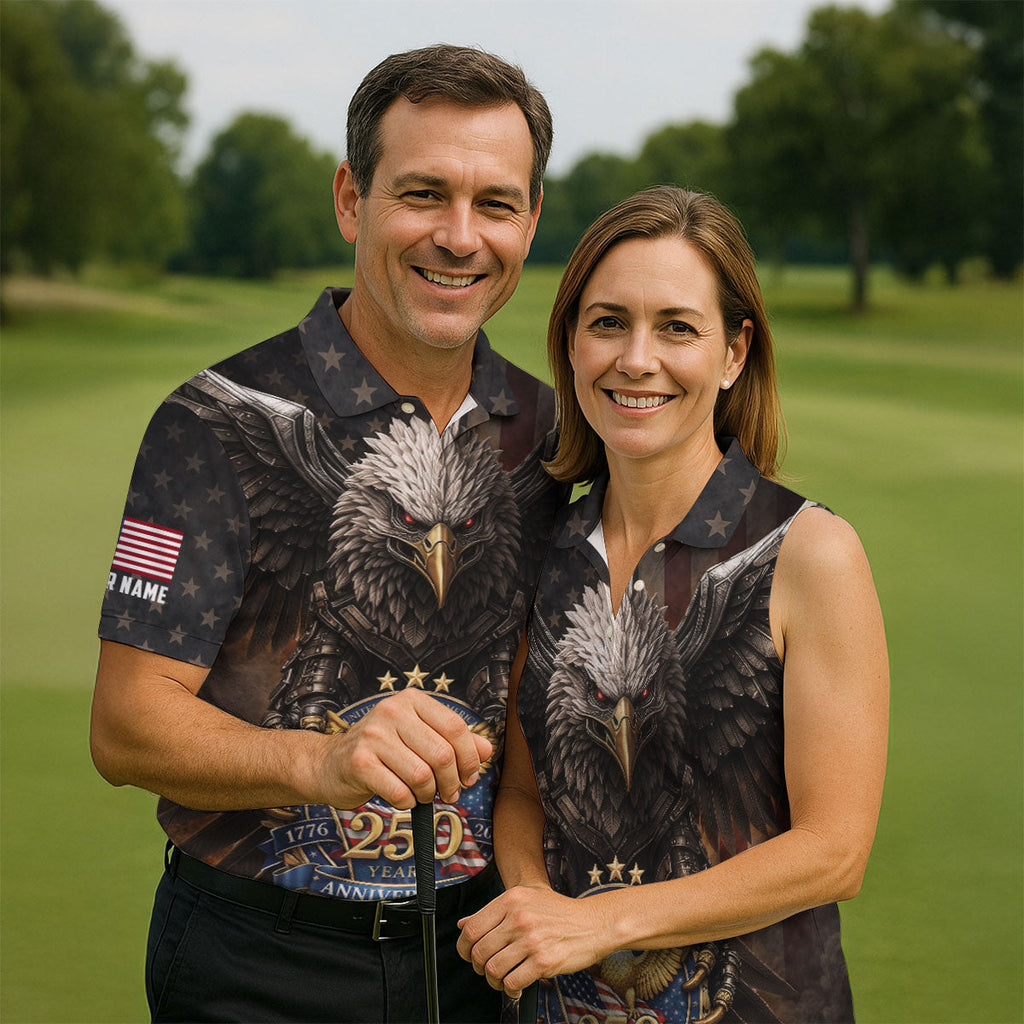 250 Years Fierce Eagle American Flag Retro Golf Shirt, Patriotic 4th Of July Golf Shirts For Men