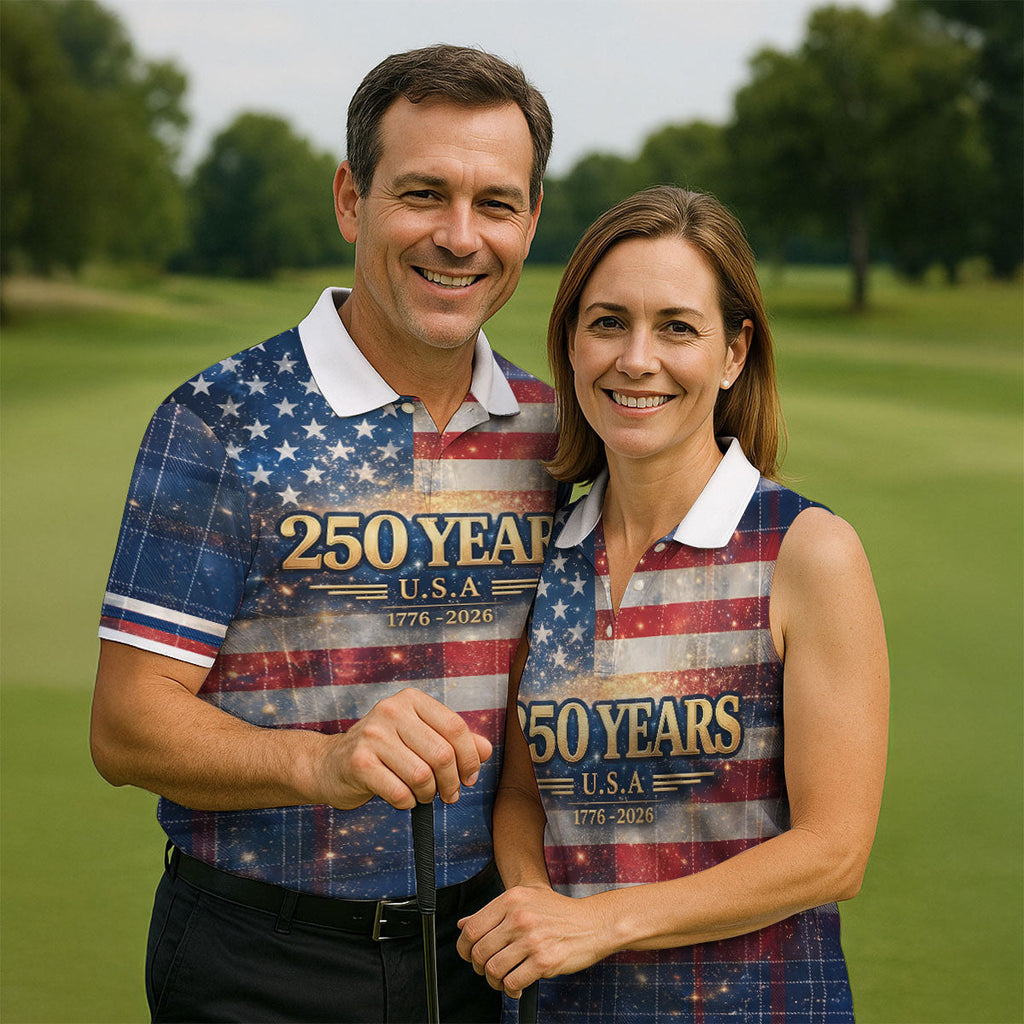 250 Years USA Galaxy Overlay Checkered Patriotic Golf Shirt, 4th Of July Golf Shirts For Men