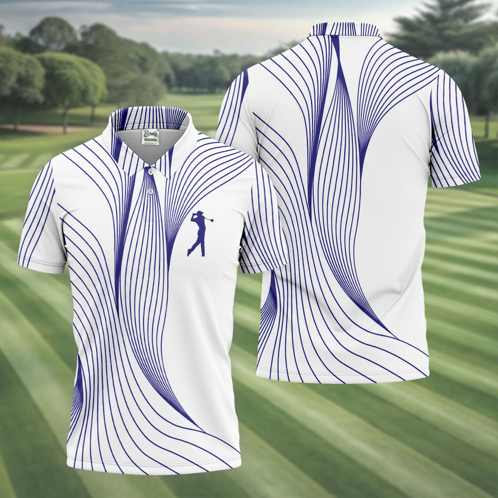 Geometric Line Wavy Line Purple And White Golf Shirts For Men, Men's Golf Shirt, Polo Shirts For Men