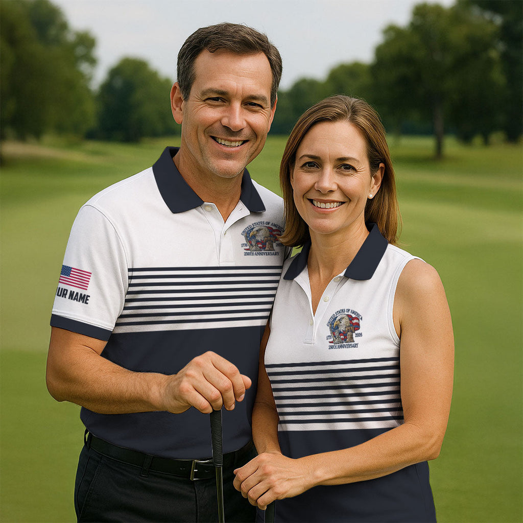 250th Anniversary Black Stripes Vintage Golf Shirt, Patriotic 4th Of July Golf Shirts For Men