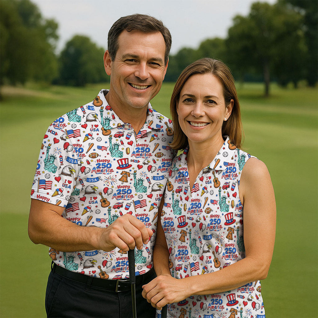 Happy 250 America Independence Celebration White Golf Shirt, Patriotic 4th Of July Golf Shirts For Men