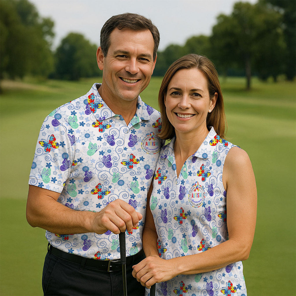 Autism Awareness Colors Puzzles Butterfly Floral Golf Shirt, Golf Tops For Men, Golf Shirts For Men