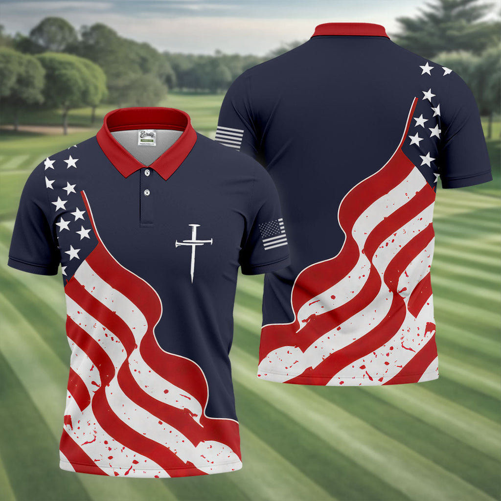 Faith Cross America 250th Anniversary 4th Of July Shirt, Patriotic Navy Golf Shirts For Men