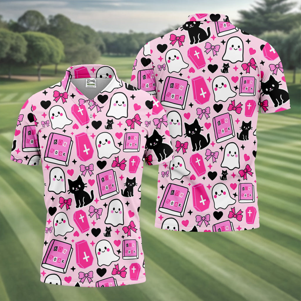 Halloween Boo And Cat Coquette Pink Golf Tops For Men, Fun Golf Shirts For Men, Polo ShirtFor Men