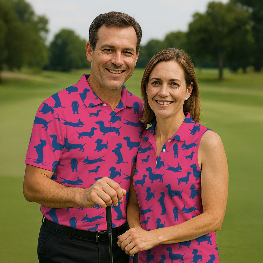 Funny Dachshund Pink And Navy Cute Golf Shirt, Men's Funny Golf Shirts, Golf Shirts For Men