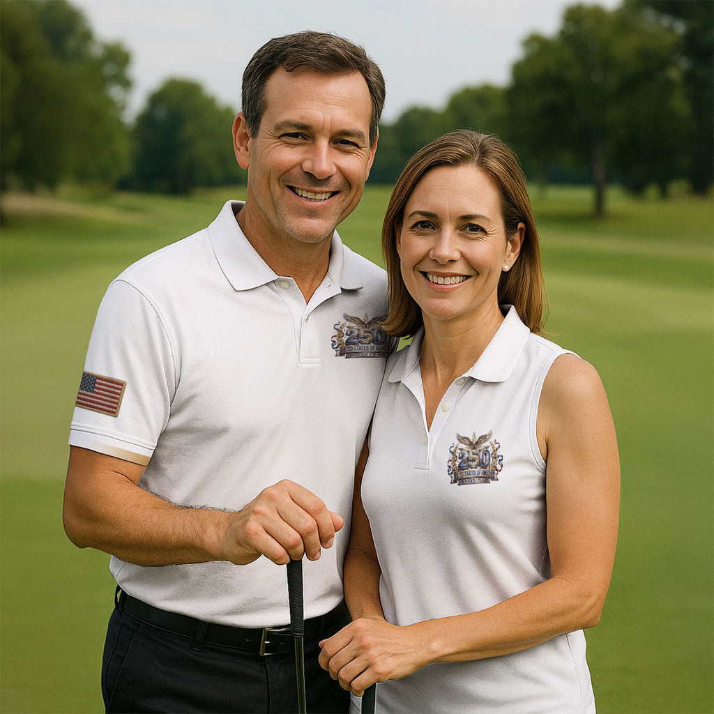 250 Years USA Anniversary 1776-2026 Men's Golf Polo Shirt, America Patriotic Men's White Polo