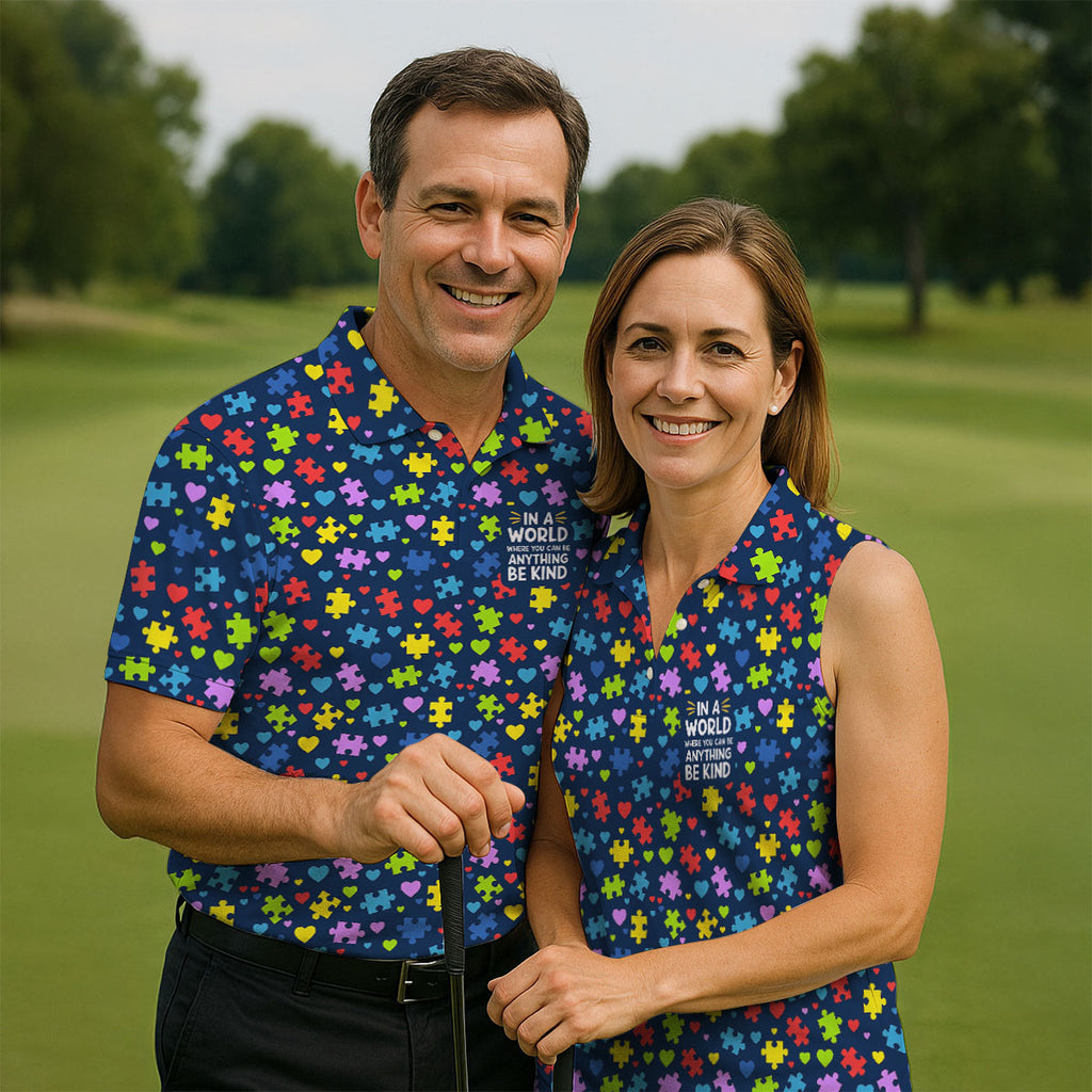 In A World Where You Can Be Anything Be Kind Autism Awareness Puzzle Pattern Navy Golf Shirt, Polo ShirtFor Men