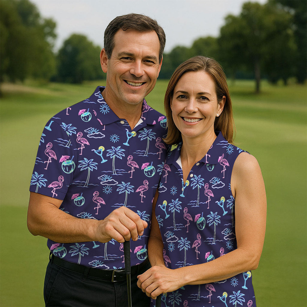 Neon Line Tropical Flamingo Hawaiian Golf Shirt, Polo Shirts For Men, Golfing Apparel