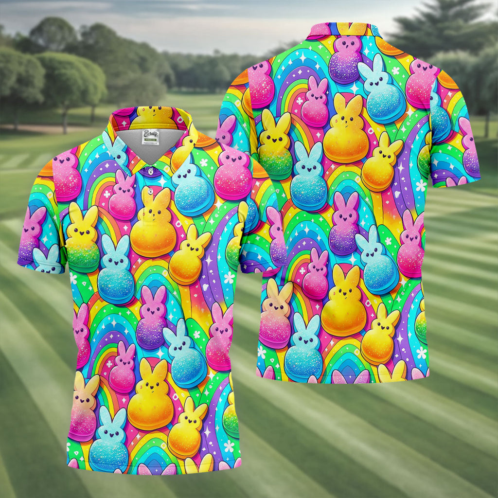Colorful Easter Peeps Rainbow Pattern Golf Shirts For Men, Cute Golf Outfit, Polo Shirts For Men