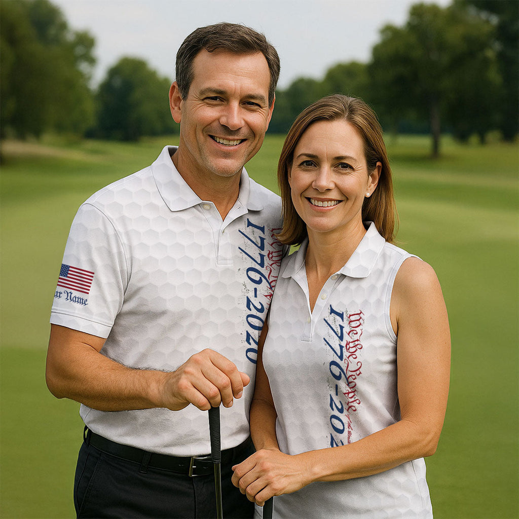 We The People Distressed American Flag White Golf Shirt, 250 Years Patriotic 4th Of July Golf Shirts For Men