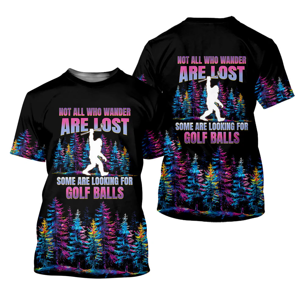 Bigfoot Moon Forest Golf Shirt, Not All Who Wander Are Lost, Funny Men's Sasquatch Tee, Dad Golf Gift