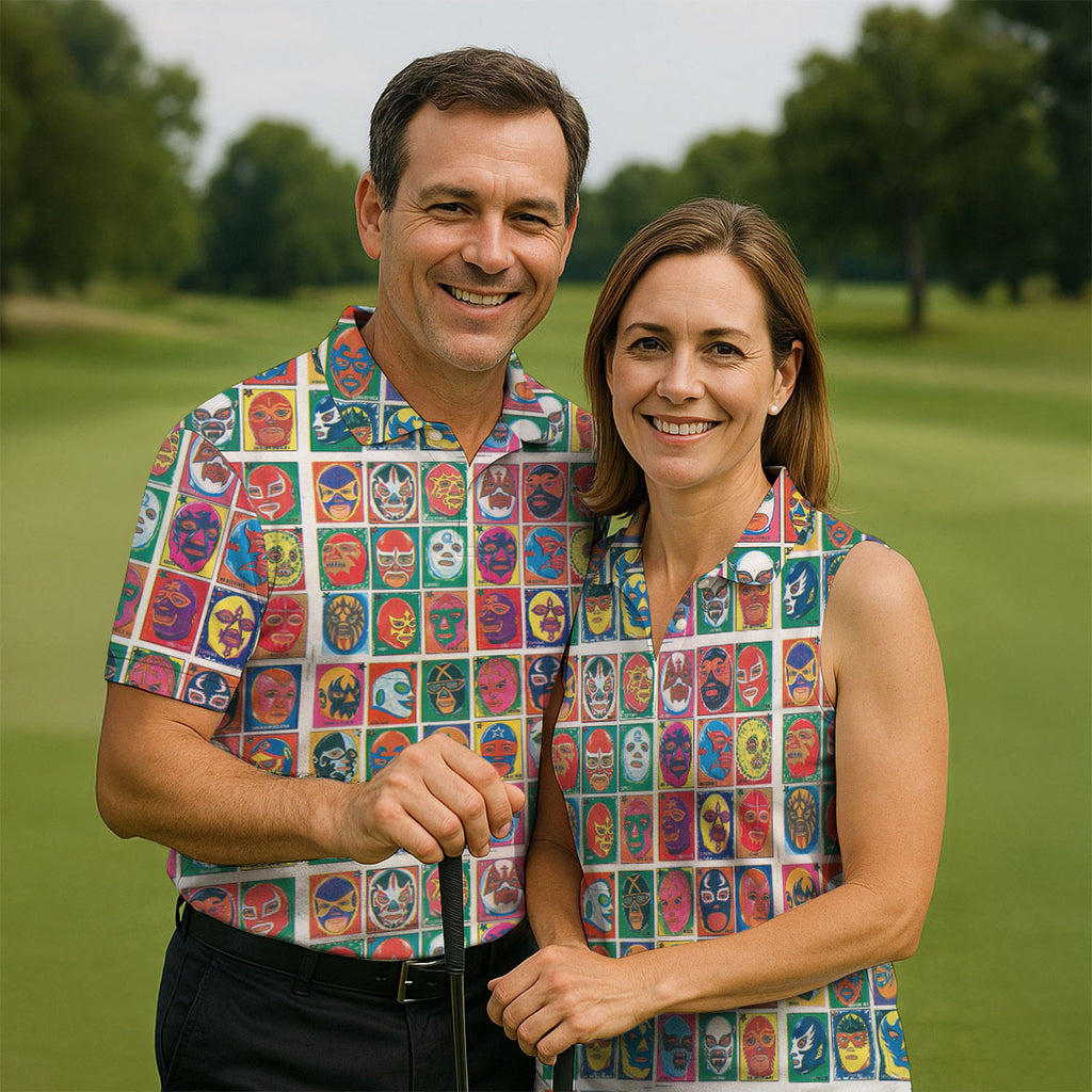 Lucha Libre Mask Grid Pattern Golf Tops For Men, Cinco De Mayo Celebration Golf Shirts For Men
