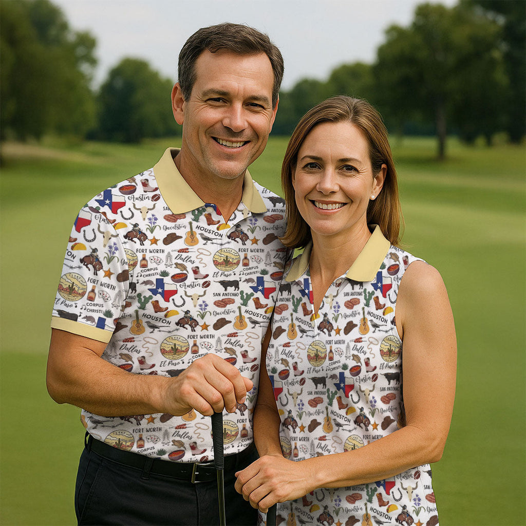 Texas Symbols Western Theme Doodle Style Golf Tops For Men, Polo Shirts For Men, Golf Shirts For Men