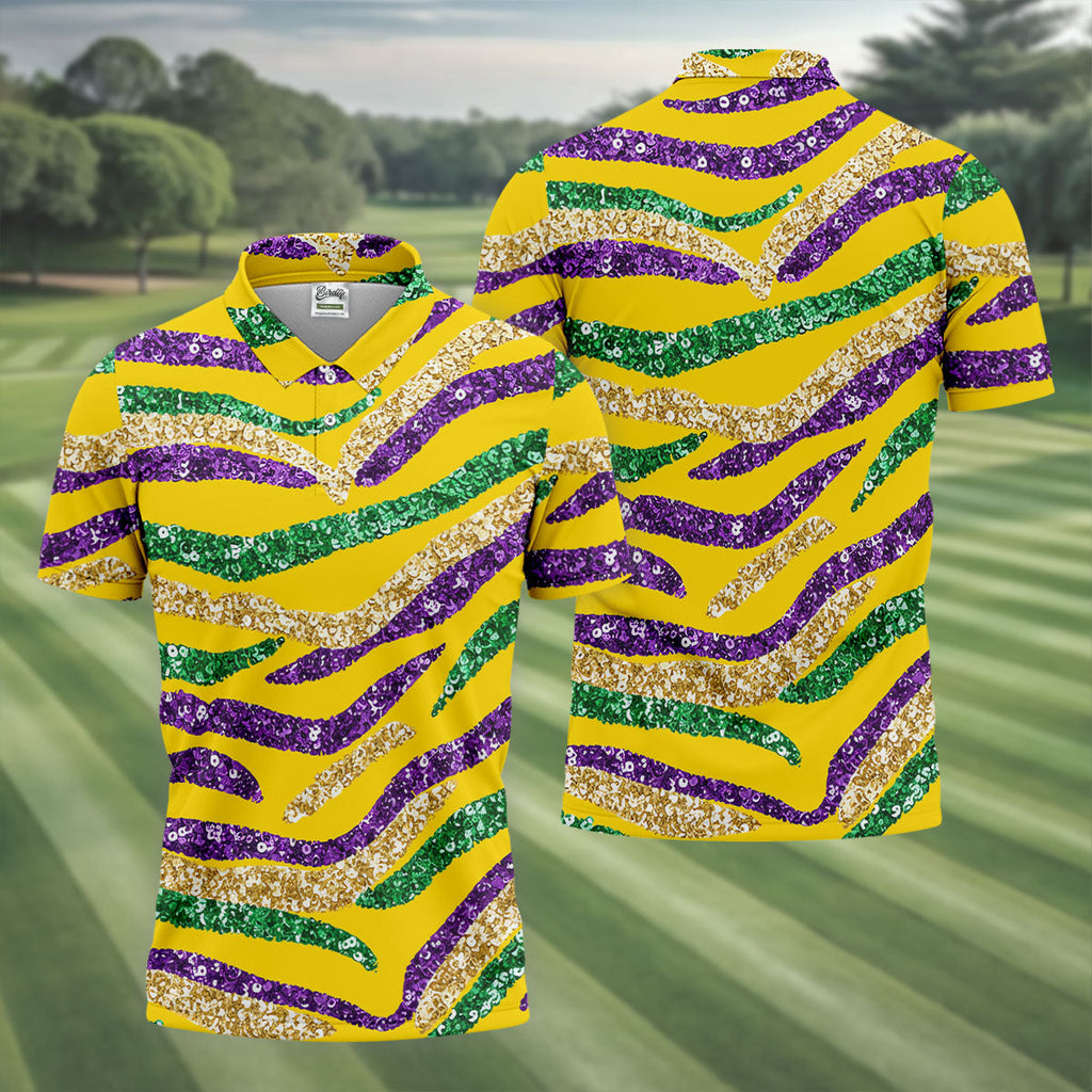 Purple Green Gold Sequin Pattern Yellow Golf Shirt, Mardi Gras Golf Shirt, Polo Shirts For Men