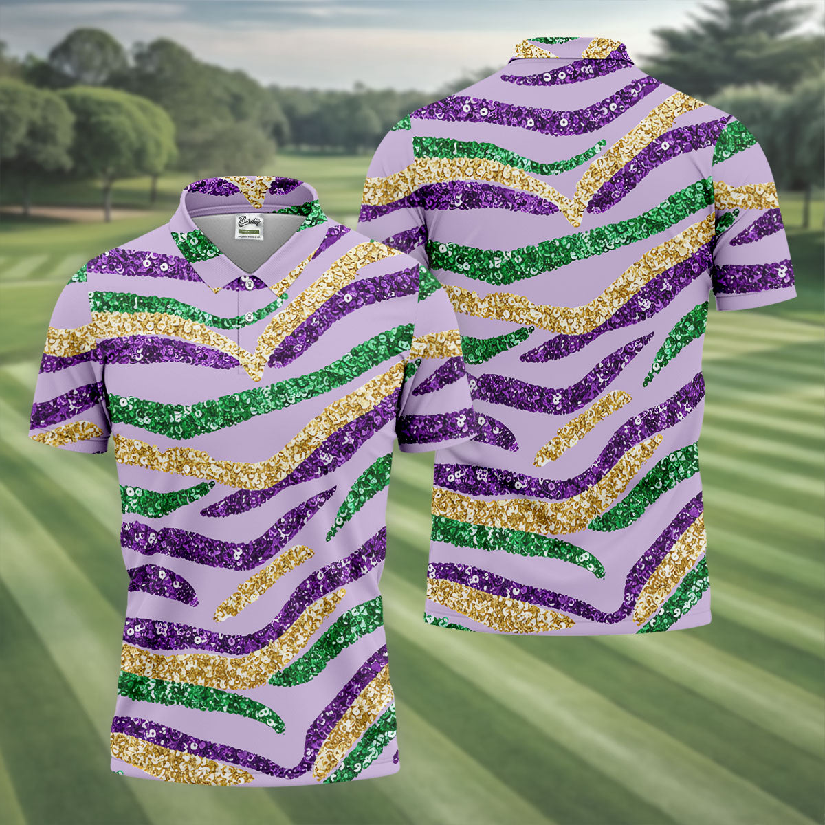 Purple Green Gold Sequin Pattern Light Purple Mardi Gras Golf Shirt, Polo Shirts For Men, Golf Shirts For Men