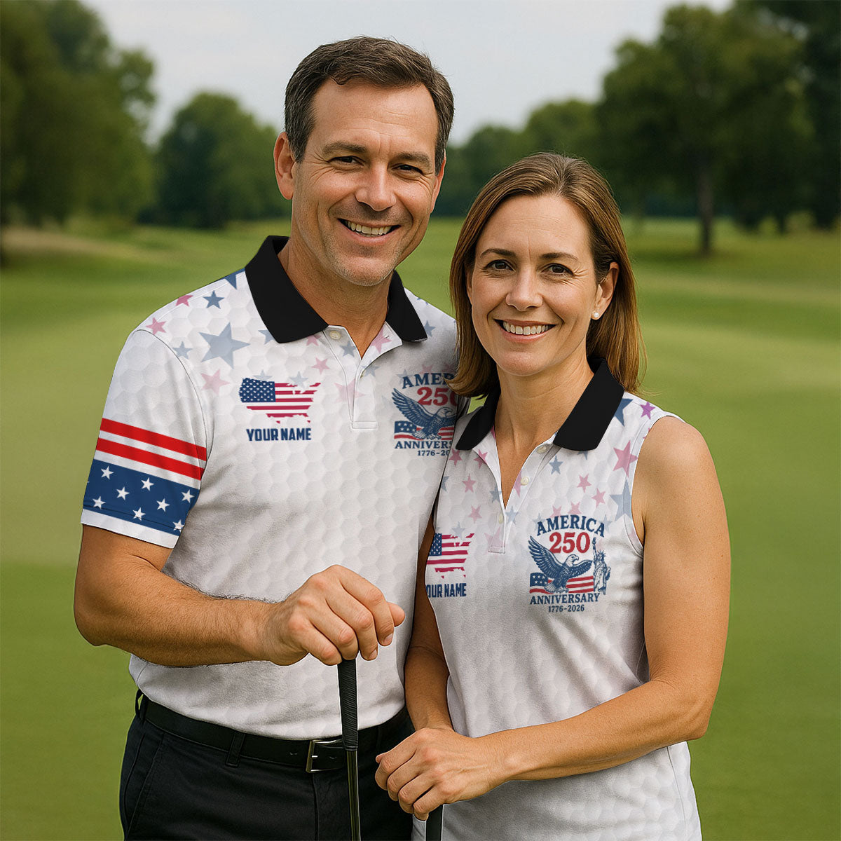 America 250th Anniversary Red White And Blue Stars White Golf Shirt, Patriotic 4th Of July Golf Shirts For Men