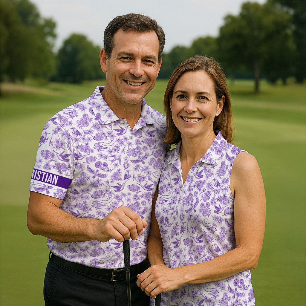 Custom Name Toile de Jouy Birds And Flowers Purple And White Polo Shirts For Men, Golf Gift For Men