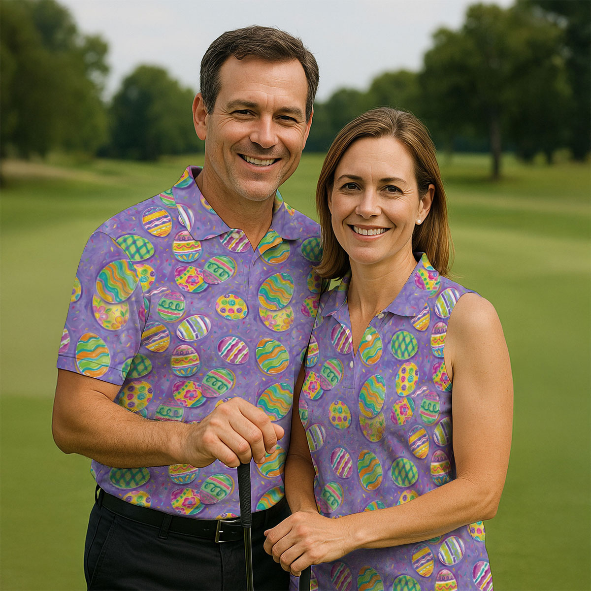 Colorful Painted Easter Eggs Golf Shirts For Men, Cute Golf Outfit, Polo Shirts For Men