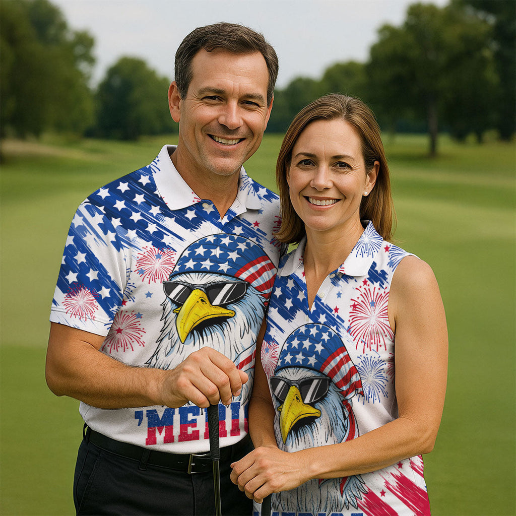 Cool Bald Eagle 4th Of July American Flag Pattern Golf Shirts For Men, 250th Anniversary Patriotic Golf Shirt