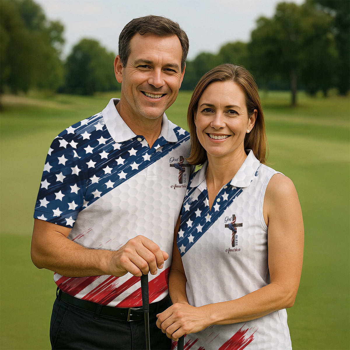 God Bless America Faith Cross US Flag Brush White Golf Shirt, Patriotic 4th Of July Golf Shirts For Men