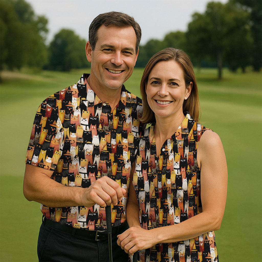 Orange Black Halloween Cat Fun Golf Shirts For Men, Cute Golf Outfit, Polo Shirts For Men