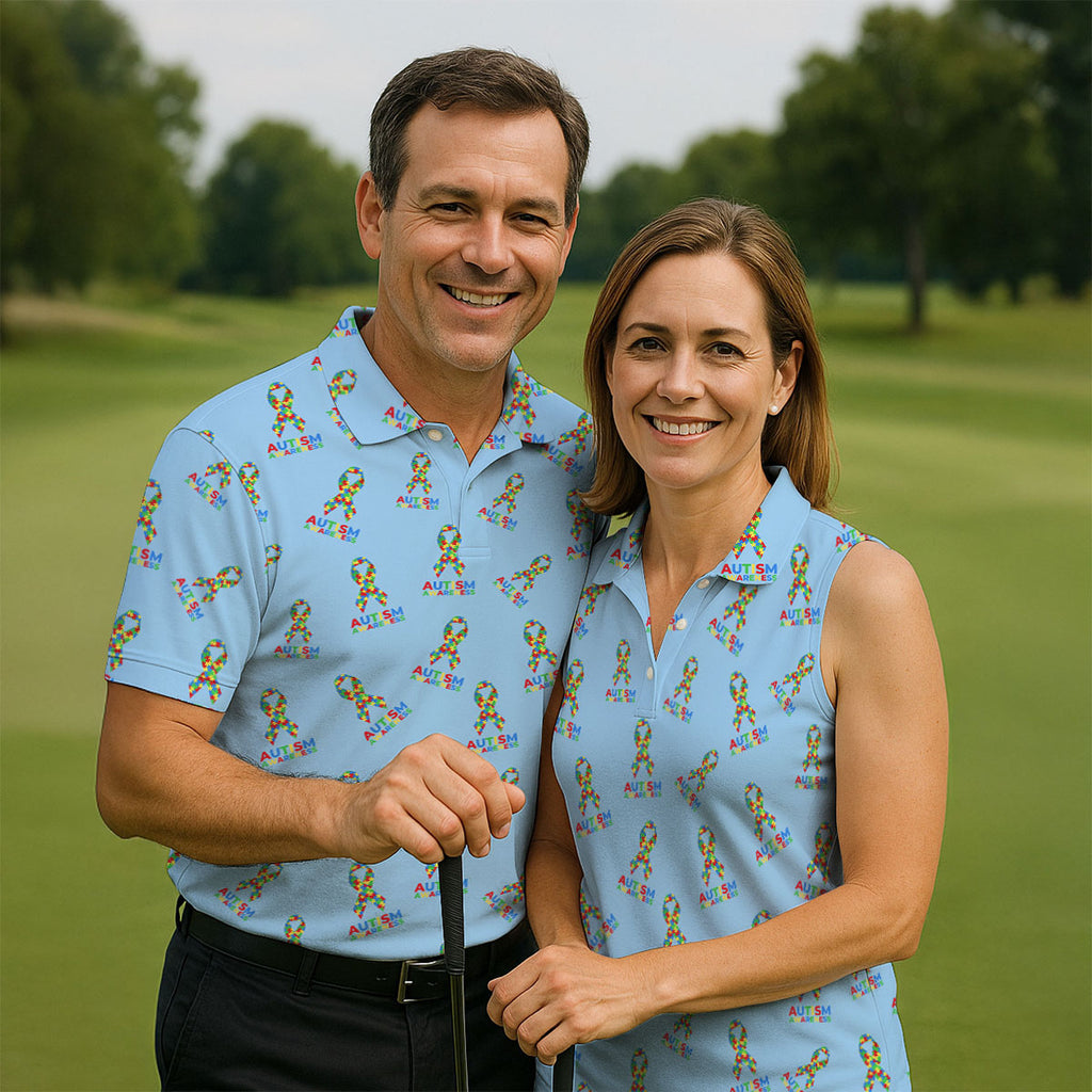 Autism Awareness Colors Autism Ribbon Blue Golf Shirt, Golf Tops For Men, Golf Shirts For Men