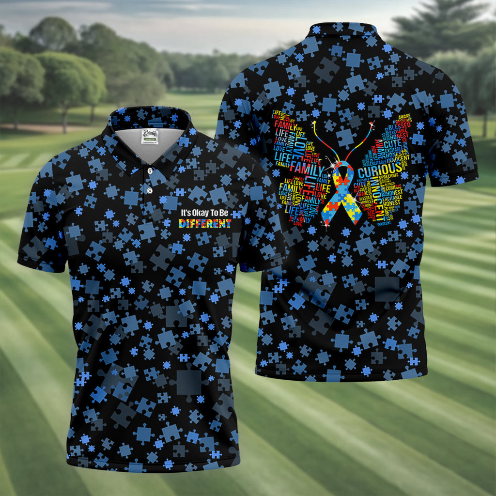 It's Okay To Be Different Autism Awareness Black And Blue Puzzle Pattern Golf Tops For Men, Polo Shirts For Men