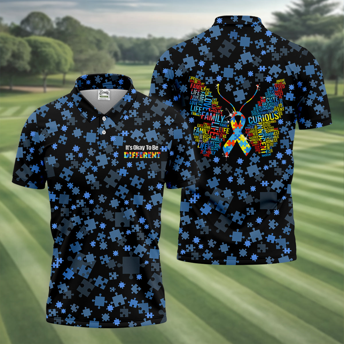 It's Okay To Be Different Autism Awareness Black And Blue Puzzle Pattern Golf Tops For Men, Polo Shirts For Men